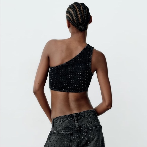 ZARA RHINESTONE TRF DENIM CROP TOP - Picture 6 of 10